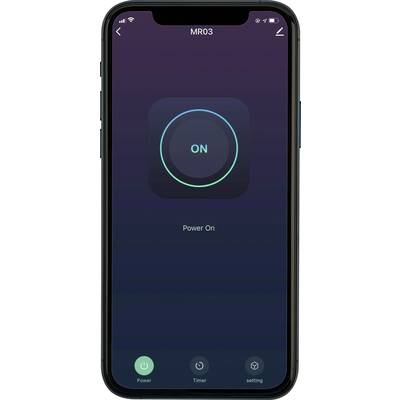 Smartphone-Bildschirm zeigt eine App mit großem 'ON'-Button in der Mitte, um das Gerät mit der Bezeichnung 'MR03' einzuschalten.