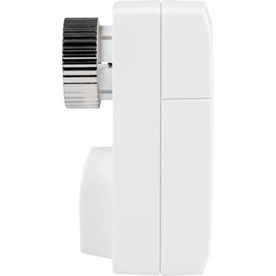 Ein weißes, rechteckiges Gerät mit einem drehbaren, geriffelten Rad an der Seite. Es ist möglicherweise ein Thermostat oder ein mechanischer Regler.