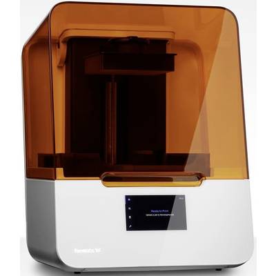 3D-Drucker mit transparentem orangefarbenem Gehäuse, schwarzem Bedienfeld und Display an der Vorderseite, zeigt Betriebsbereitschaft.
