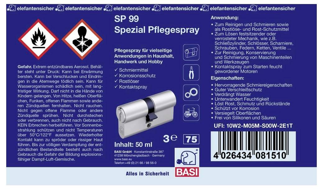 "SP 99 Spezial Pflegespray" Etikett mit einem Schlosssymbol. Warnhinweise zur Entflammbarkeit und Druckbeaufschlagung. Gebrauchsanweisungen zur Reinigung und Pflege. Inhalt 50 ml.