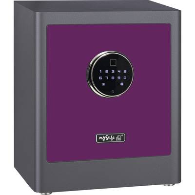 Grauer Tresor mit violetter Tür, elektronischem Zahlenschloss und Fingerabdruckscanner.