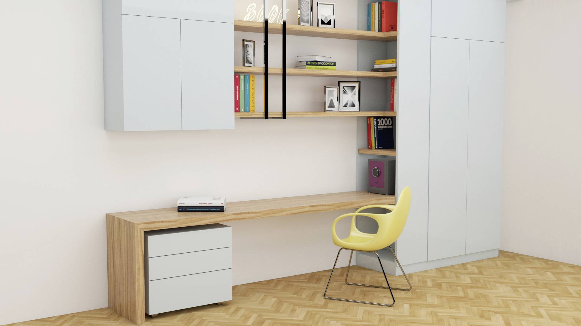 Ein moderner, minimalistischer Arbeitsbereich mit hellem Holzschreibtisch, gelbem Stuhl und weißen Hängeschränken. Regale mit Büchern und Fotos.