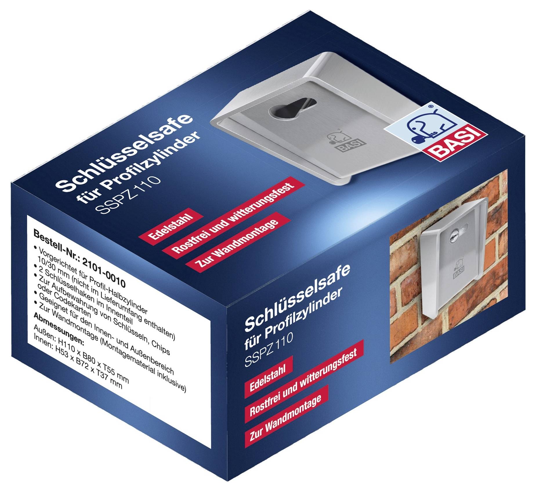 Eine metallische Schlüsselschatulle mit Kombinationsschloss und auf „0000" eingestellten Drehrädern. Das Markenlogo „BASI" ist auf der Vorderseite sichtbar.