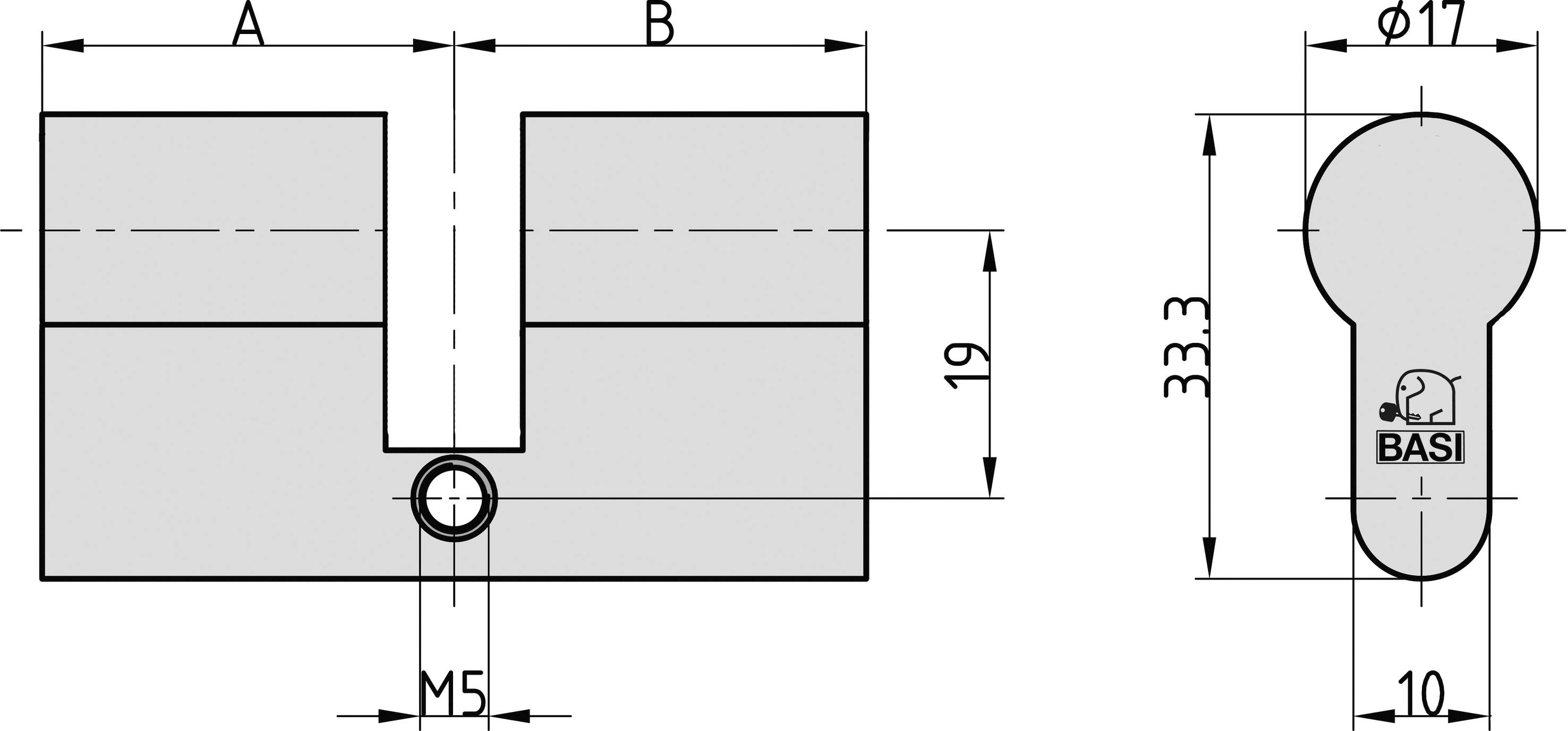 Technische Zeichnung von einem Profilzylinder für Türschlösser, mit Maßen und Logos. Hauptmaße: A, B, Gesamthöhe 33,3 mm, Breite 17 mm.