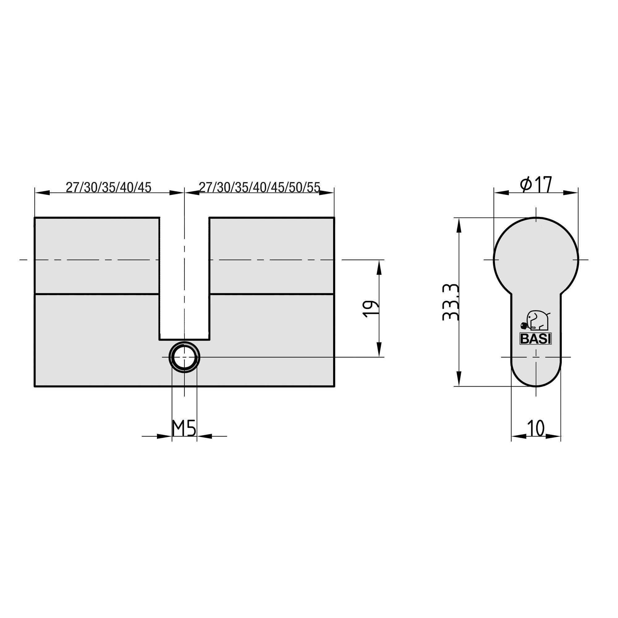 Diagramm des zylindrischen Schlossgrundes mit Abmessungen: Höhe 33,3 mm, Breite 27-55 mm, Durchmesser 17 mm. Enthält M5-Schraubenloch, beschriftet mit „Basi".