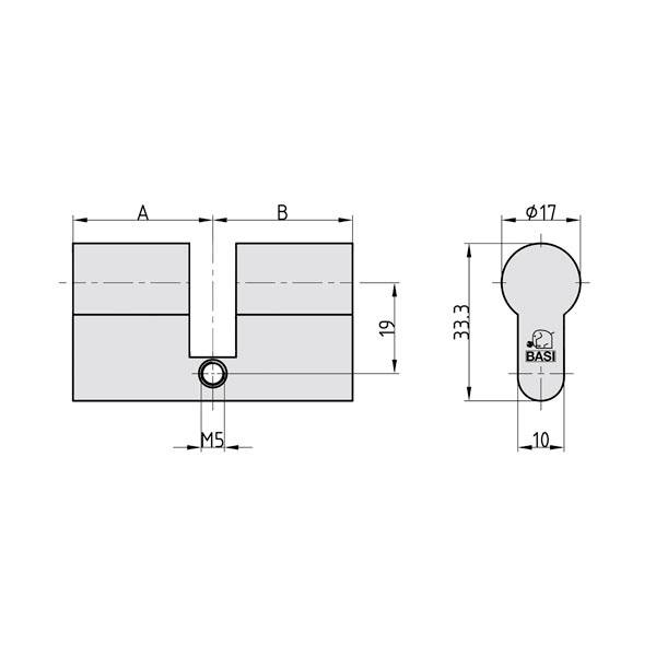 Technische Zeichnung eines Zylinderschlosses von BASI. Maße: A, B, 19 mm, 33,3 mm, Ø17 mm, 10 mm, M5 Schraubgewinde.