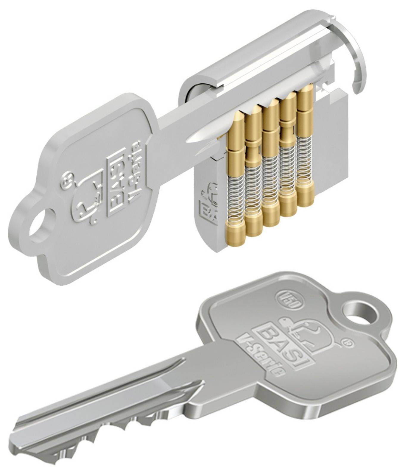 Das Bild zeigt eine Schnittansicht eines Zylinderschlossmechanismus und eines passenden Schlüssels. Der Mechanismus zeigt Stifte, die mit den Kerben des Schlüssels ausgerichtet sind.