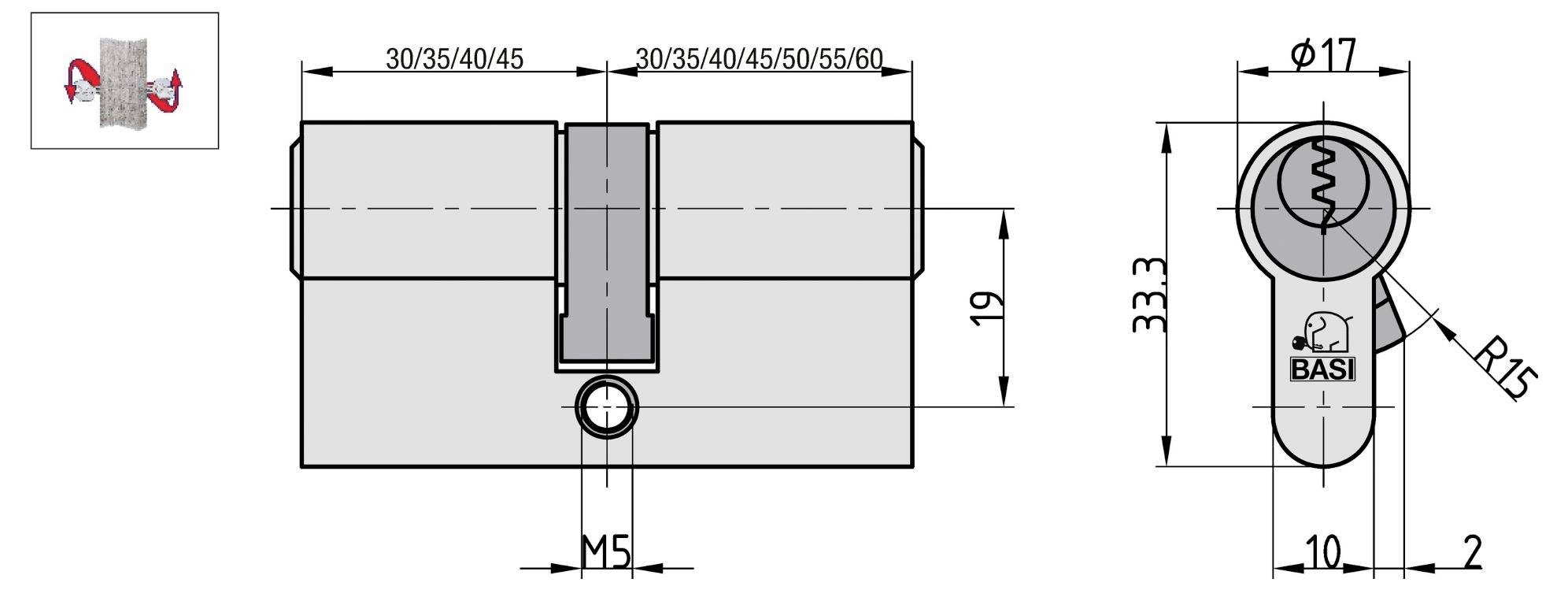 „BASI"-Markenzylinderschloss technische Zeichnung mit Abmessungen und Design, einschließlich Größen 30/35/40/45/50/55/60, mit einer Schlüssellochgröße mit Bezeichnung „φ17".