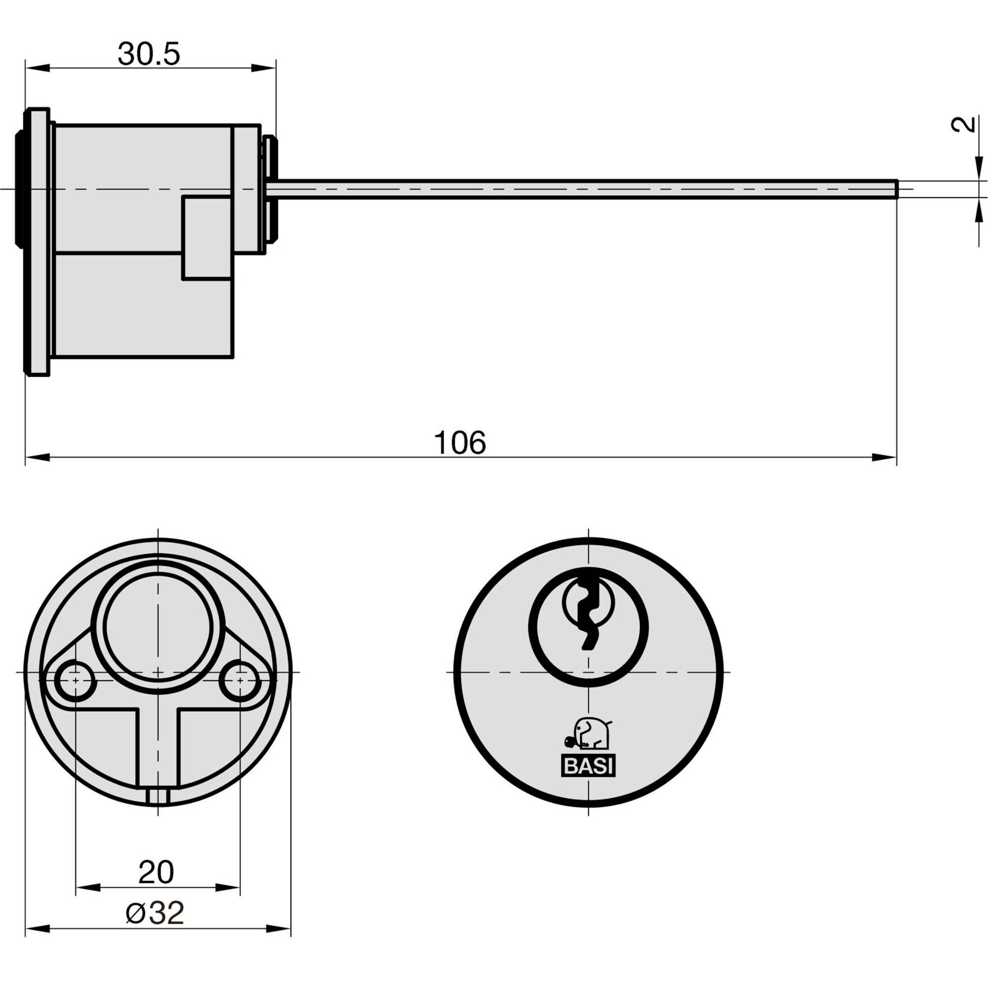 Technische Zeichnung eines BASI-Nockensperre mit Abmessungen: Seitenansicht Länge 106 mm, Durchmesser 32 mm. Umfasst Vorder- und Draufsicht.