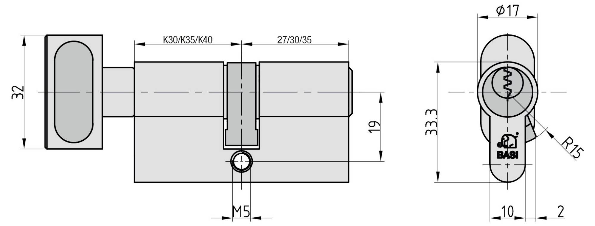 „Technisches Schaltschema eines mechanischen Schlosszylinders mit Abmessungen: 32 mm Höhe, 33,3 mm Breite, M5-Schraubengröße, Schlüssellochdetail, BAGI-Logo."