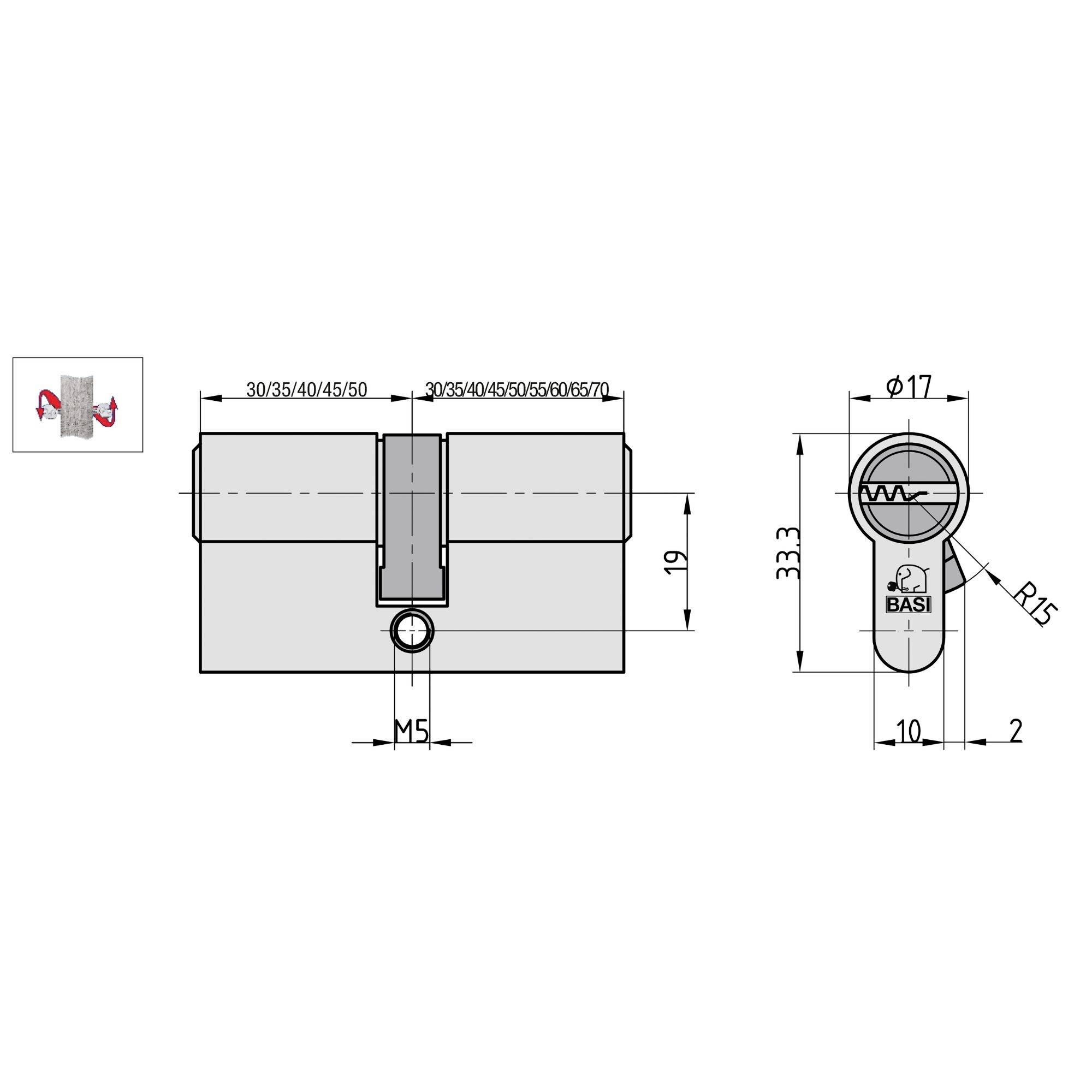 Technische Zeichnung eines Schlosszylinders mit Abmessungen: Breite (30-70 mm), Höhe (33,3 mm) und spezifische Details wie Lochgrößen und Positionierung.