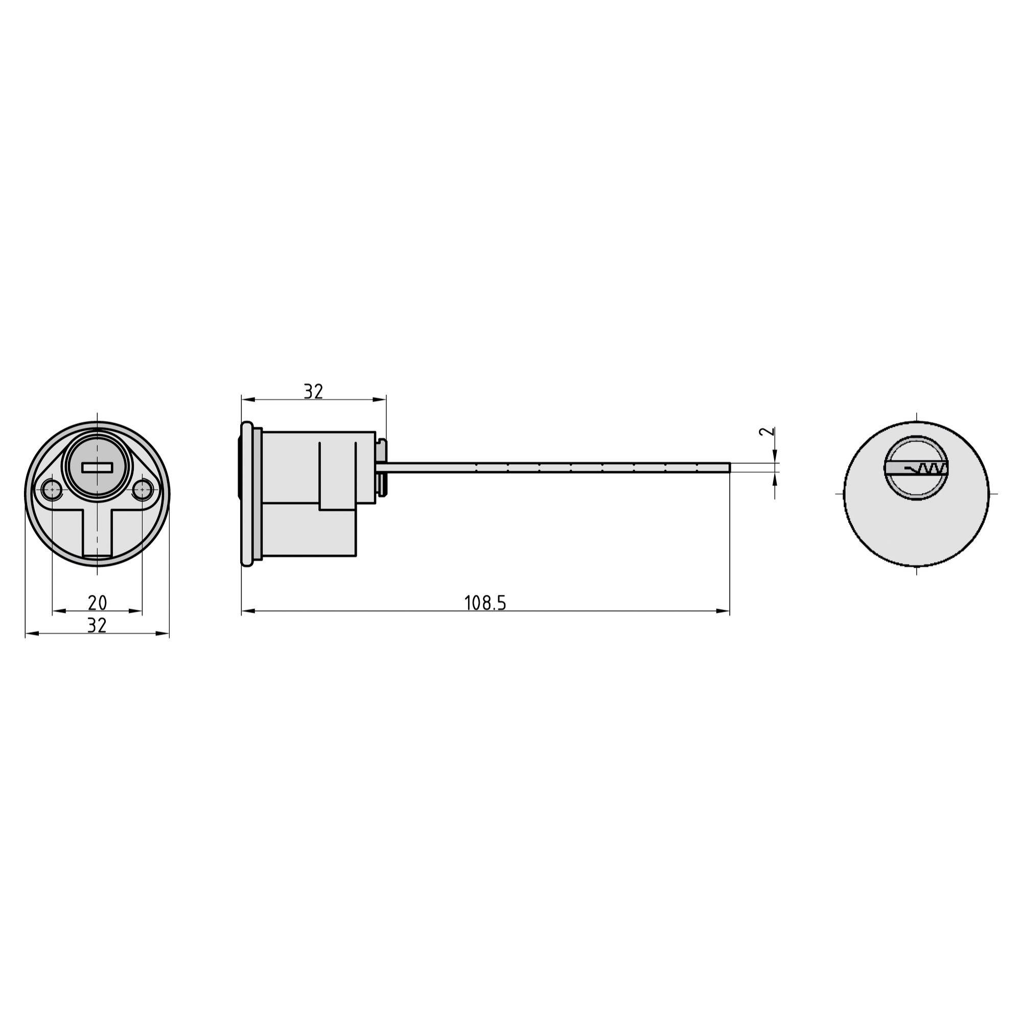 Eine technische Zeichnung eines zylindrischen Schlosses mit genauen Maßen: Durchmesser 20 mm, Tiefe 32 mm, Gesamtlänge 108,5 mm.