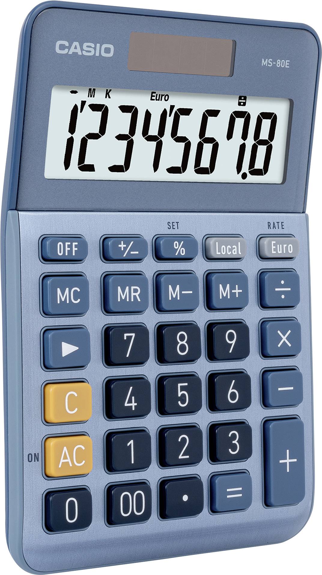 Blauer Taschenrechner mit solarbetriebenem Display. Zeigt die Zahlen '1234567,8'. Tasten für Grundrechenarten und Speicherfunktionen.