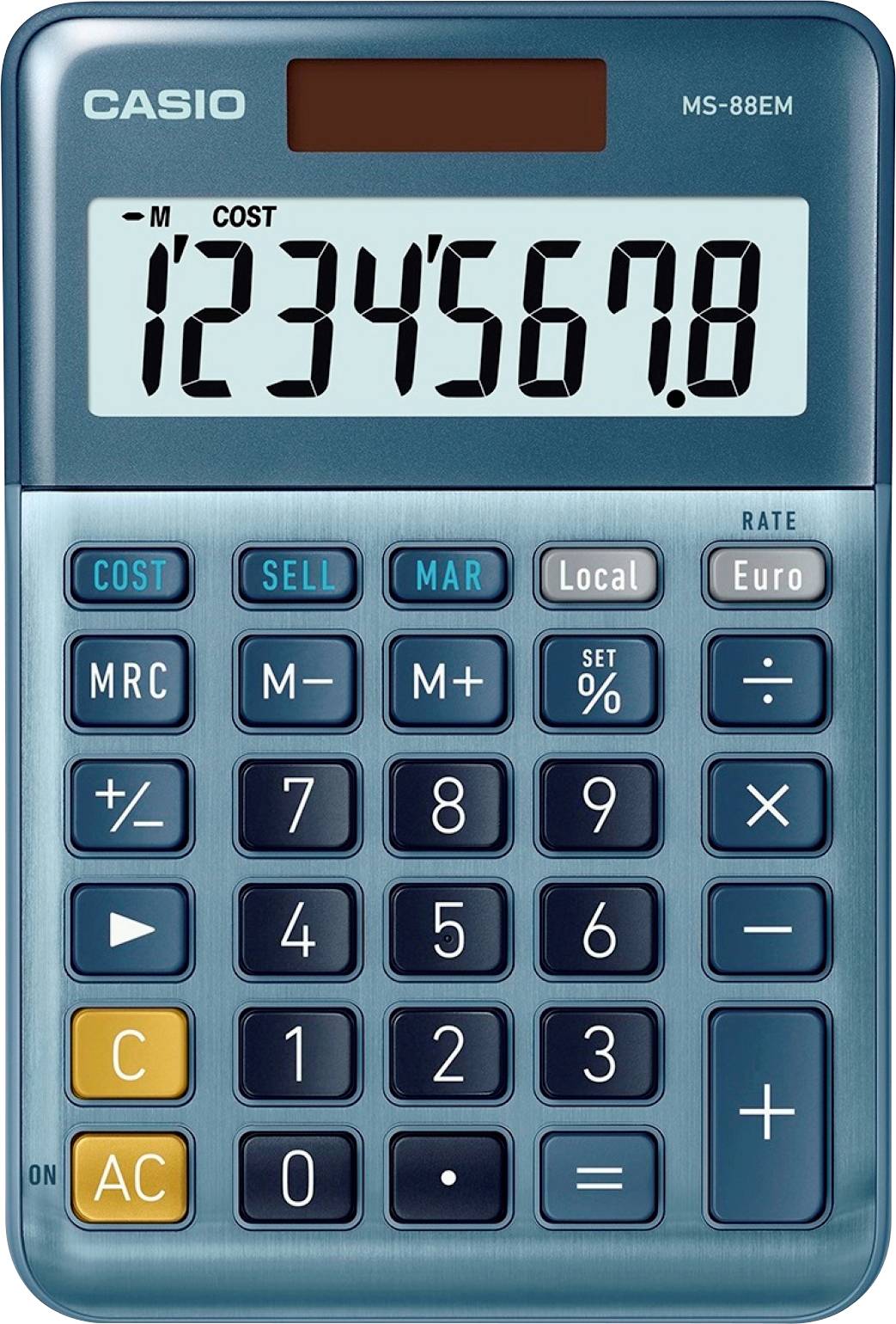 Ein blauer Taschenrechner mit großen Tasten zeigt die Zahl 1234567,8 auf dem Display. Oben links steht 'CASIO'.