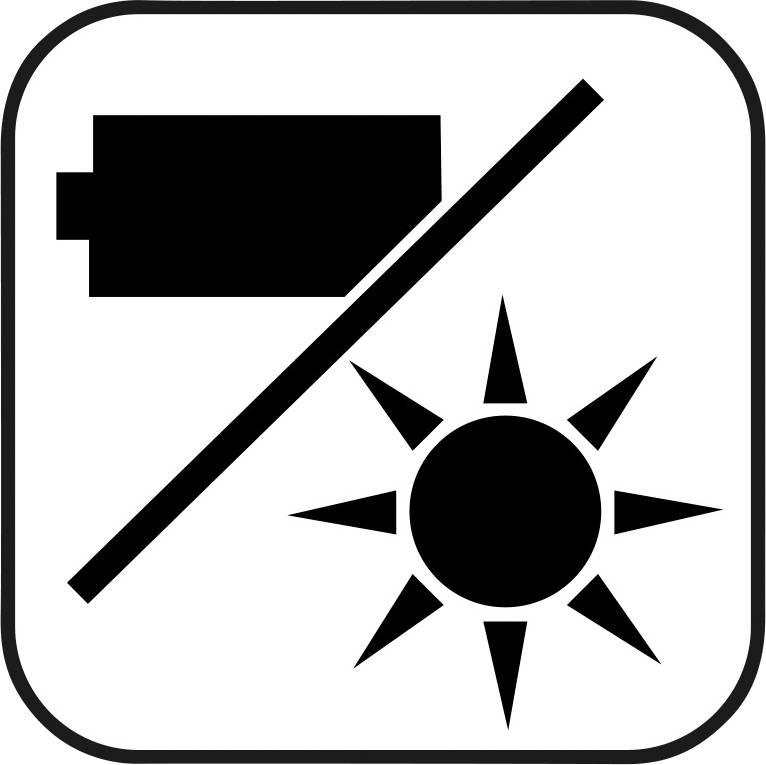 Symbol für solarbetriebene Batterie: Eine Batterie- und Sonnen-Silhouette, getrennt durch diagonale Linie, symbolisiert Solarenergie.