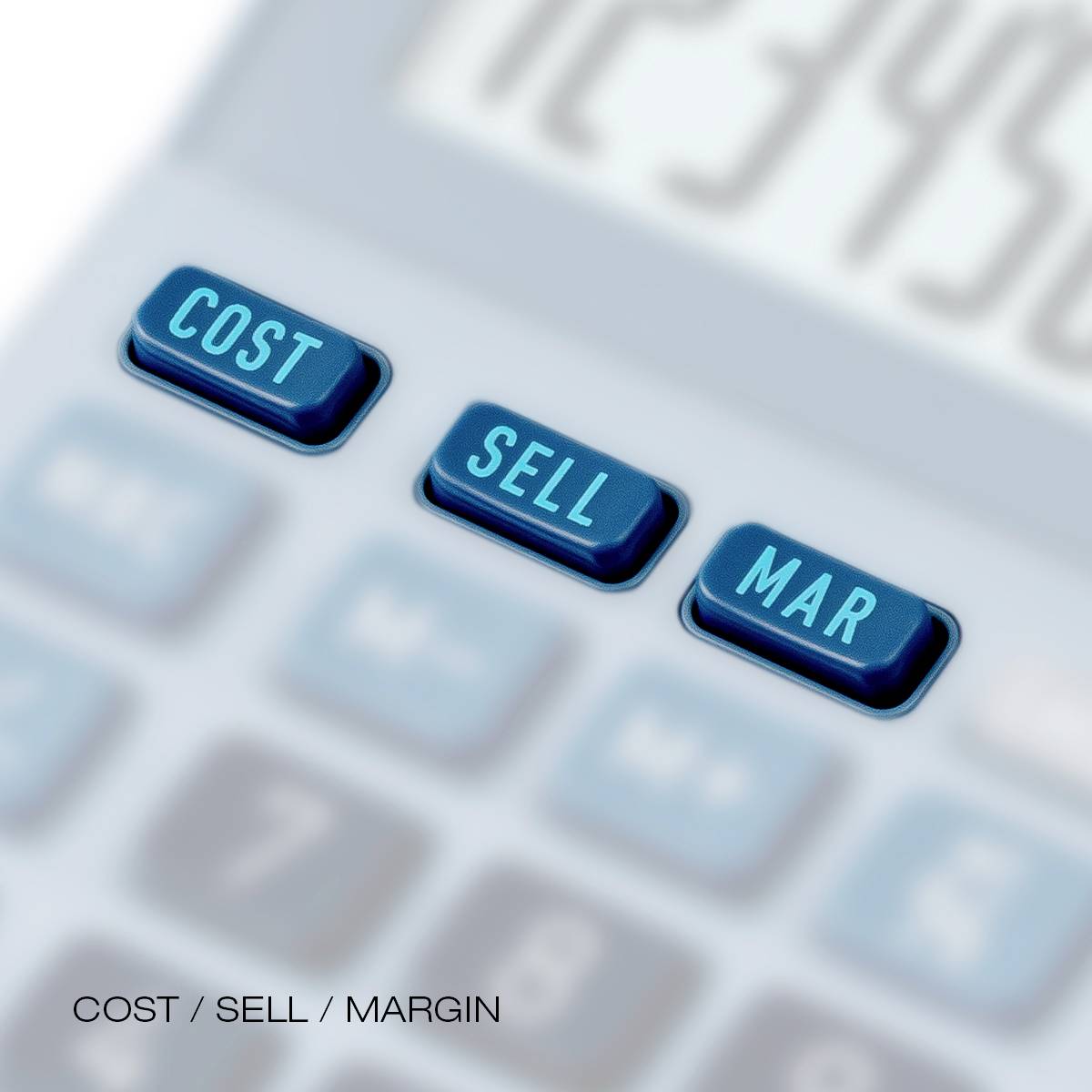 'Calculator mit hervorgehobenen Tasten: COST, SELL, MAR. Fokus auf Kosten, Verkauf und Gewinnspanne.'