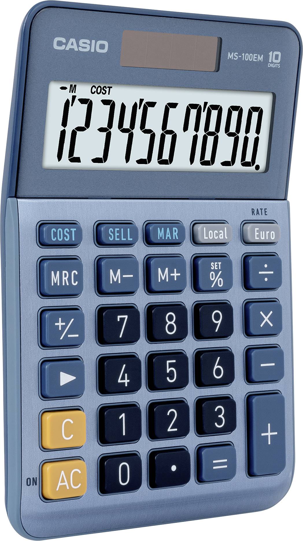 Ein blauer Tischrechner mit großem Display, zeigt die Zahlenfolge '1234567890'. Tasten für Grundrechenarten und spezielle Funktionen.