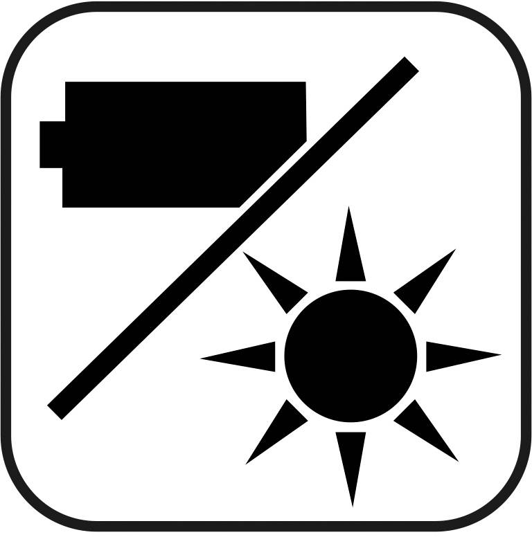 Symbol zeigt eine durchgestrichene Batterie neben einer Sonne, was auf keine direkte Sonnenexposition hinweist.