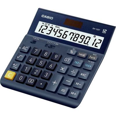 Ein blauer Tischrechner mit großen Tasten und einem Display, das '1234567890.12' anzeigt. Oben befindet sich das Logo 'CASIO'.
