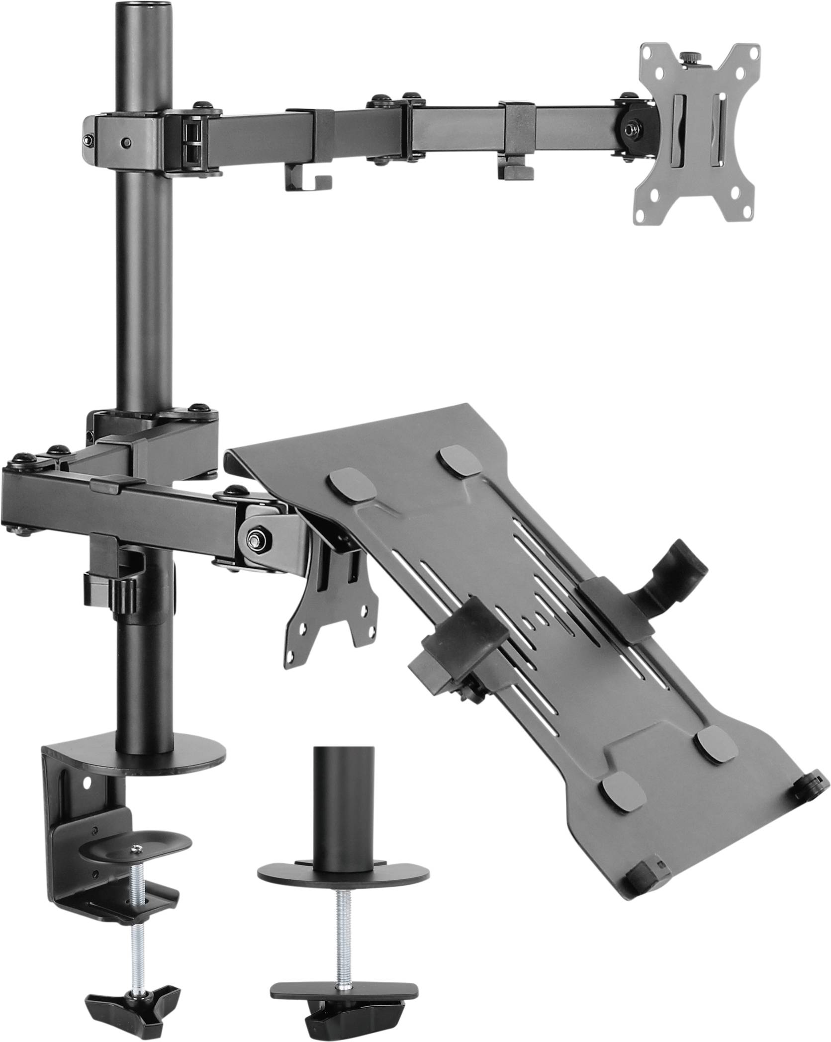 Doppelte Monitorhalterung und Laptopständer aus schwarzem Metall, mit verstellbaren Armen und Schraubklemmen zur Tischmontage.
