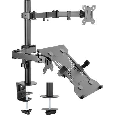Doppelte Monitorhalterung und Laptopständer aus schwarzem Metall, mit verstellbaren Armen und Schraubklemmen zur Tischmontage.