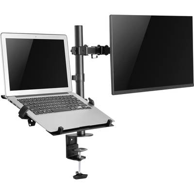 'Laptop und Monitor auf einem doppelten Schreibtischhalter befestigt, bieten zusammen eine ergonomische Arbeitsstation.'