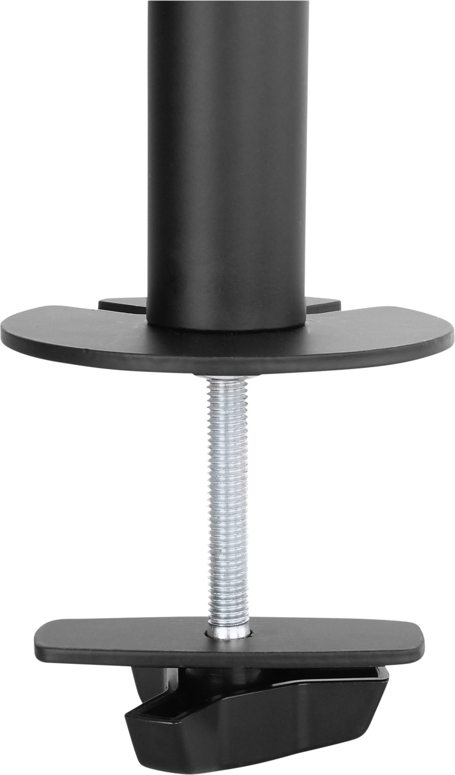 Eine schwarze Metallklemme mit Schraubmechanismus zur Befestigung an einer Tischkante, gezeigt im Querschnitt.