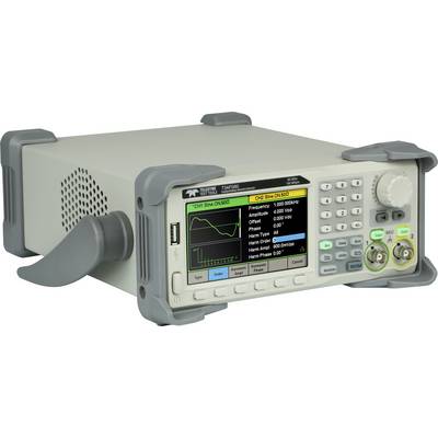 Ein elektronisches Messgerät mit Display zeigt eine grüne Wellenform und Parameter wie Amplitude und Frequenz an.