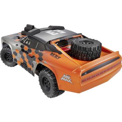 Ein orange-schwarzes ferngesteuertes Spielzeugauto im Offroad-Stil mit Reserverad auf der Ladefläche und dem Schriftzug 'Reely'.