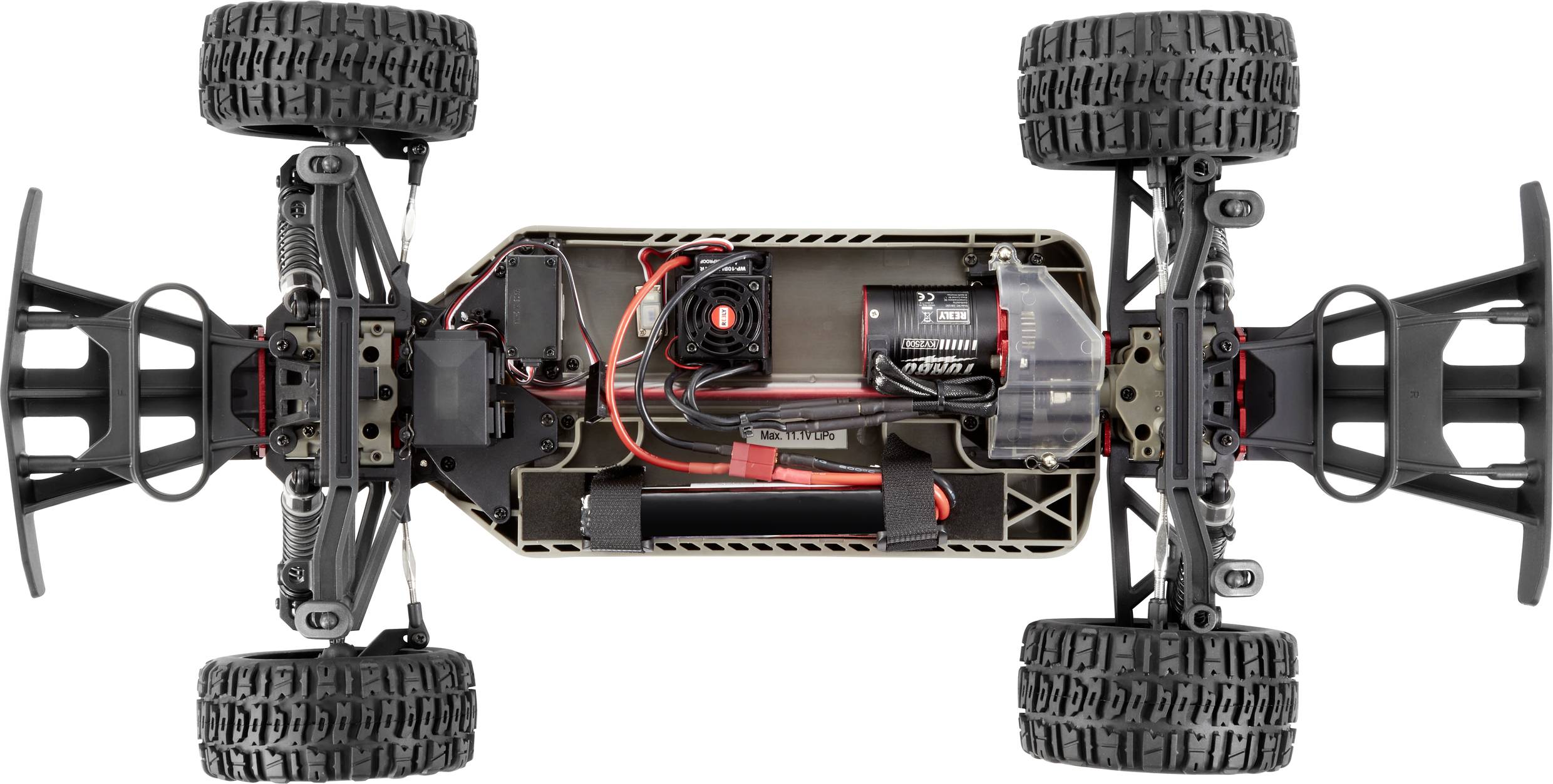Ferngesteuertes Auto von oben, zeigt das Innenleben: Elektronik und Motoranordnung in einem robusten Chassis mit vier großen Rädern.