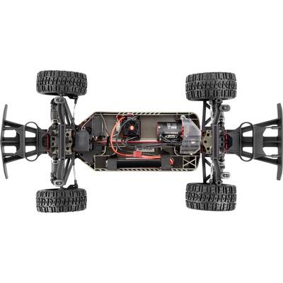 Ferngesteuertes Auto von oben, zeigt das Innenleben: Elektronik und Motoranordnung in einem robusten Chassis mit vier großen Rädern.