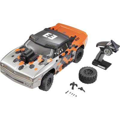 Ferngesteuertes Auto im Offroad-Design, grau und orange, mit Ersatzreifen und Zubehör. Beigelegte Fernbedienung und Werkzeug.