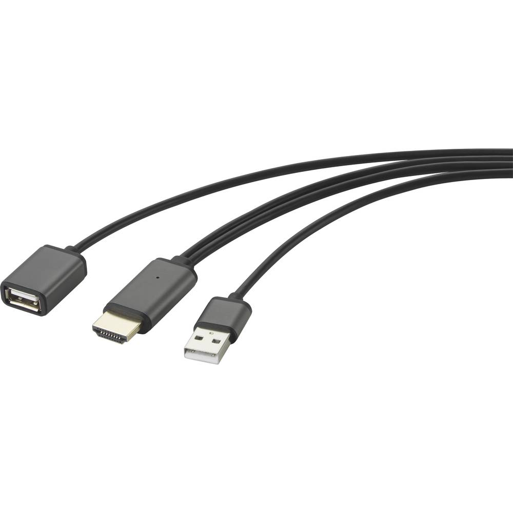 Renkforce RF-4700672 USB-HDMI Adapterkabel [1x HDMI-stekker 2x USB-A 2.0 stekker, USB 2.0 bus A] Zwa