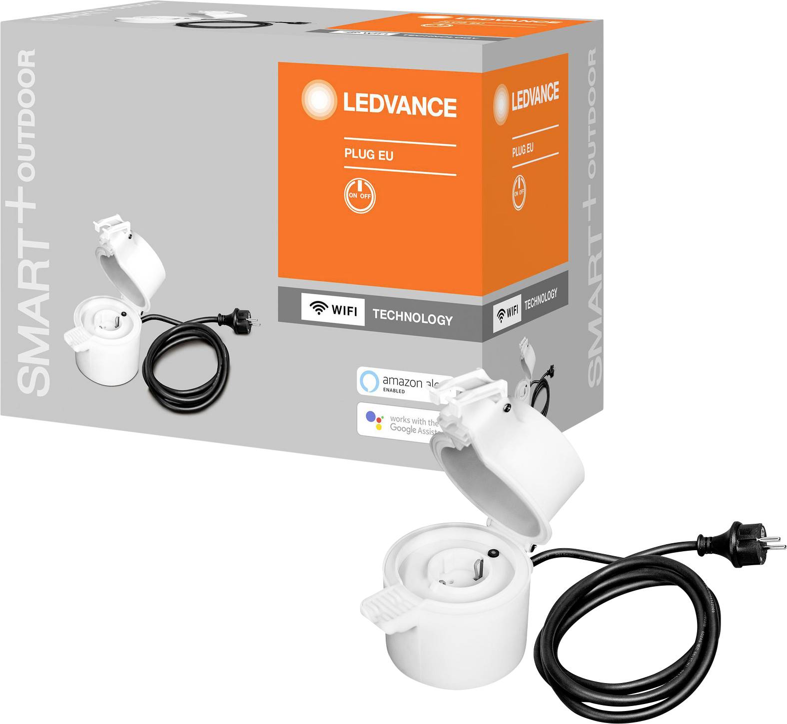 Weiße LEDVANCE Smart+ Outdoor-Steckdose mit Kabel, WLAN-Steuerung über App, Google Assistant und Amazon Alexa kompatibel. Verpackung zeigt Produktdetails.