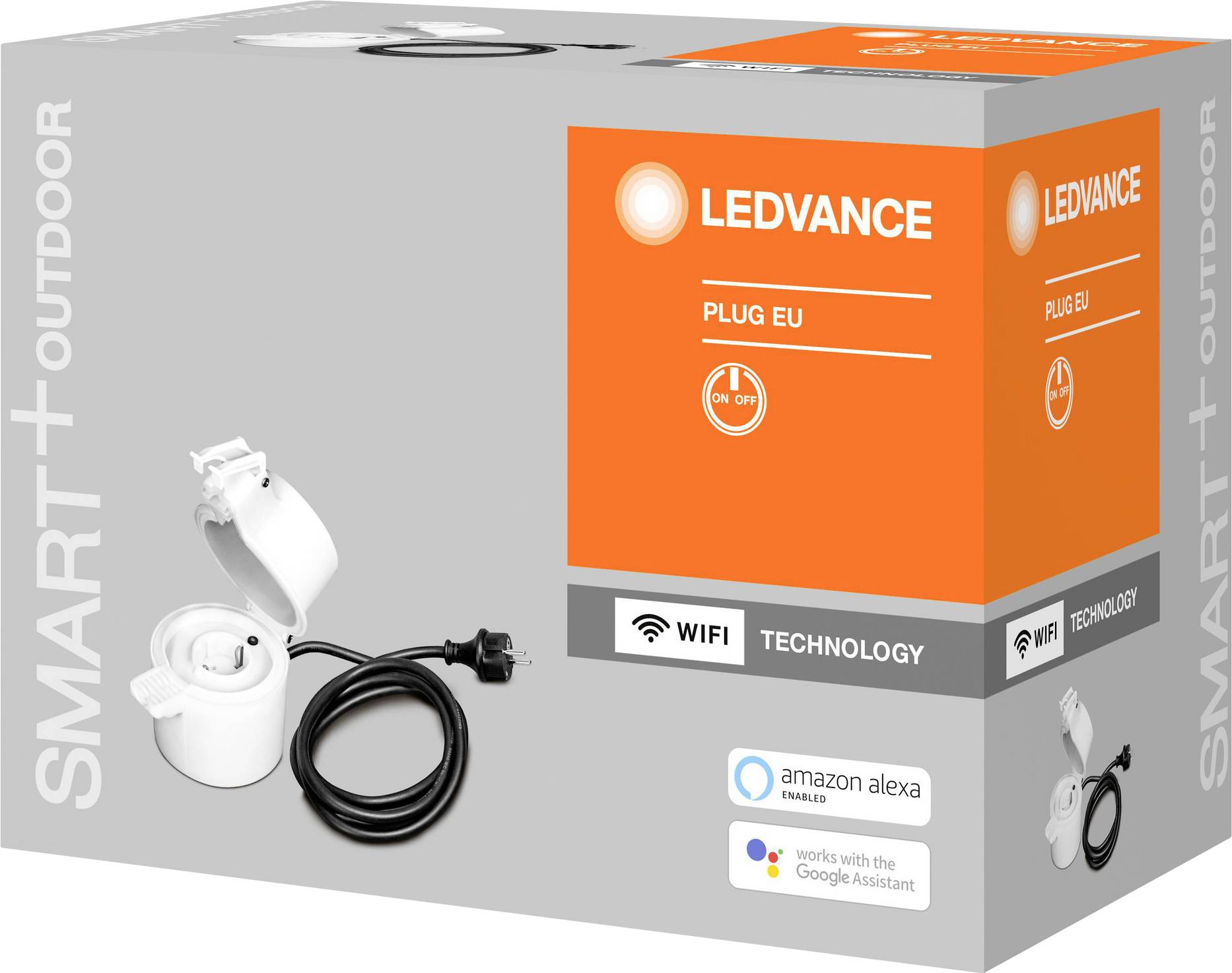 'LEDVANCE SMART+ Outdoor Plug EU' Verpackung mit Abbildung des Steckers und Logos für WLAN, Amazon Alexa und Google Assistant.