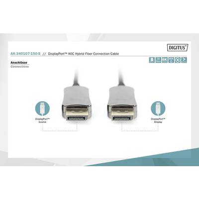 DisplayPort-Kabel mit zwei Anschlüssen, einer als 'Source' und einer als 'Display' gekennzeichnet.