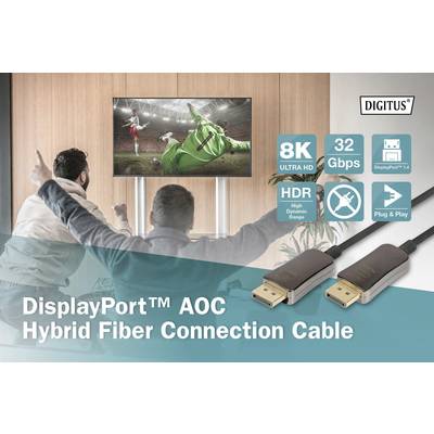 Zwei Personen jubeln vor einem Fernseher, auf dem ein Fußballspiel in 8K Ultra HD läuft. Produktanzeige: DisplayPort AOC Kabel.