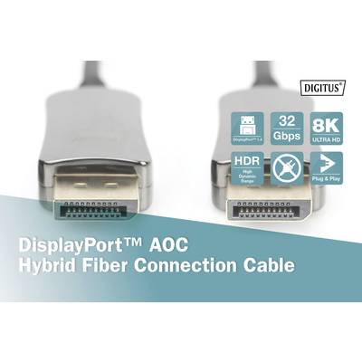 'DisplayPort AOC Hybrid Fiber Connection Cable' mit Merkmalen: 32 Gbps, 8K Ultra HD, HDR, Plug & Play, unterstützt DisplayPort 1.4.