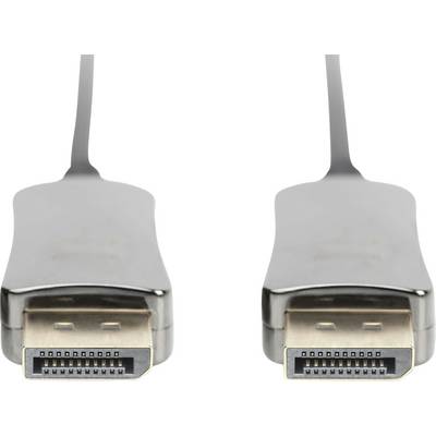 Zwei DisplayPort-Stecker, die nebeneinander liegen, mit einem flachen, schwarzen Kabel verbunden.
