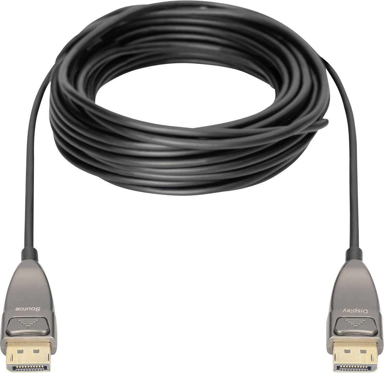 Ein langes schwarzes HDMI-Kabel mit zwei Steckern, jeweils mit der Aufschrift 'Source' und 'Display', zur Übertragung von Video- und Audiosignalen.