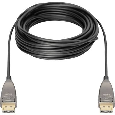Ein langes schwarzes HDMI-Kabel mit zwei Steckern, jeweils mit der Aufschrift 'Source' und 'Display', zur Übertragung von Video- und Audiosignalen.
