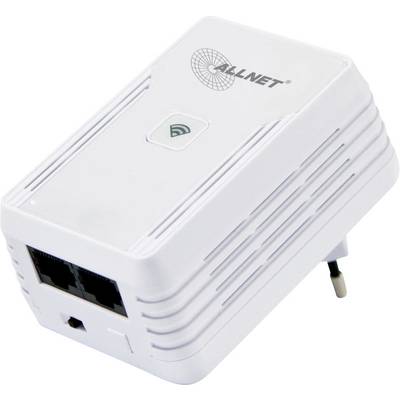 Weißer Powerline-Adapter mit zwei Ethernet-Ports und WLAN-Logo oben. Steckermodul für Wandmontage.