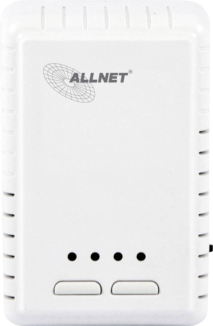 Ein weißer Netzwerkadapter mit dem Logo 'ALLNET' oben links. Der Adapter hat Lüftungsschlitze und drei LEDs auf der Vorderseite.