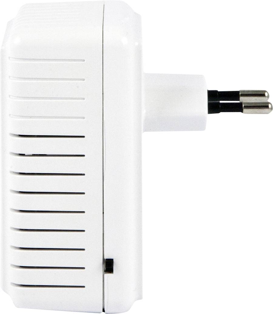 Ein weißes Netzteil mit europäischem Stecker, seitlich dargestellt.