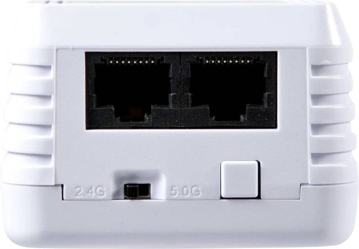 Ein weißer WLAN-Repeater mit zwei Ethernet-Anschlüssen und einem Schalter zur Umschaltung zwischen 2,4G und 5,0G Netzwerken.