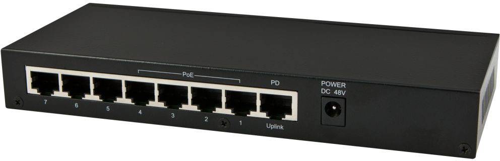 Schwarzer Netzwerk-Switch mit acht Ethernet-Ports und Stromanschluss. Ports sind nummeriert von 1 bis 8, mit PoE-Unterstützung.