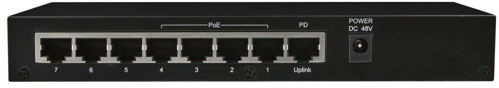 Ein schwarzer Netzwerk-Switch mit acht Ethernet-Ports und einem Stromanschluss rechts. Jeder Port ist nummeriert von 1 bis 8.