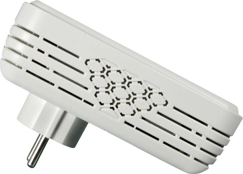 Ein weißer, rechteckiger Steckdosenlüfter mit Lüftungsschlitzen und sechseckigem Muster, auf der linken Seite der Stromstecker.