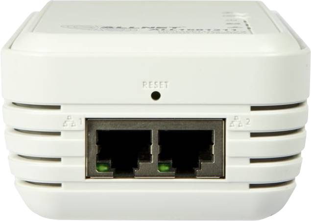 Ein weißer Netzwerkadapter mit zwei Ethernet-Anschlüssen und einer 'Reset'-Taste oben.