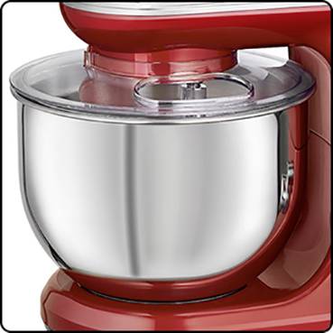Rote Küchenmaschine mit silberner Schüssel und transparentem Deckel.
